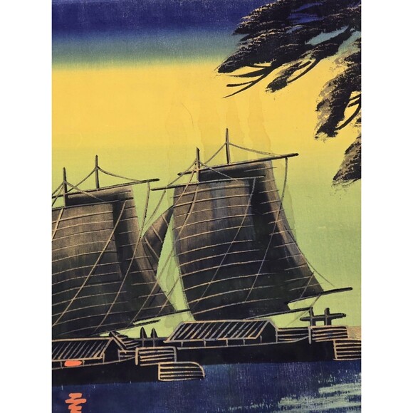 Chinese Junk Sailing Ships Vintage Japanese Oil On Silk Painting 17.5"x14.5" - Picture 5 of 5